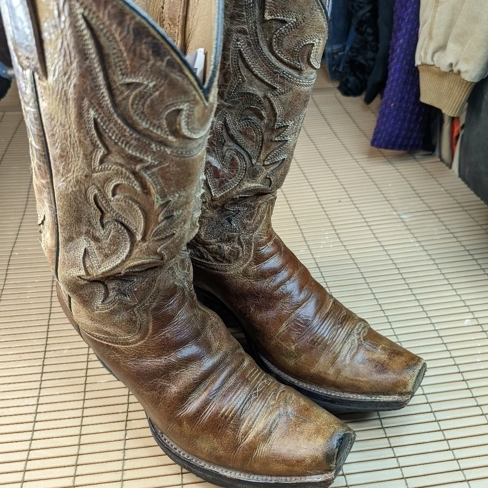 Stetson Boots custom made men's brown leather platform Western cowboy boots sz 1